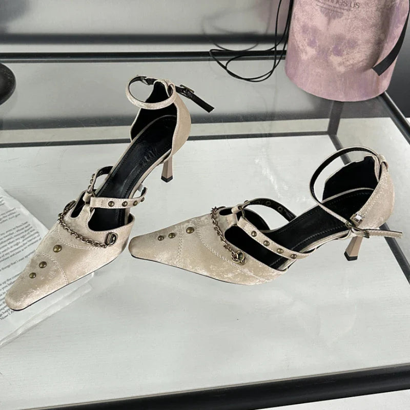 Retro Rivets Metal Chain High Heels Thin Heel Party Elegant Office Shoes Pointed Toe Pump Sandals