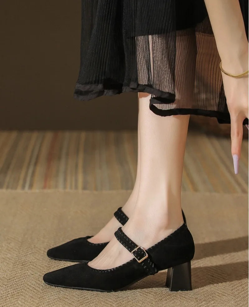 High Heeled One-word Buckle with Light Mouth Pumpss Thick Heel Small Square Head Mary Jane Shoes