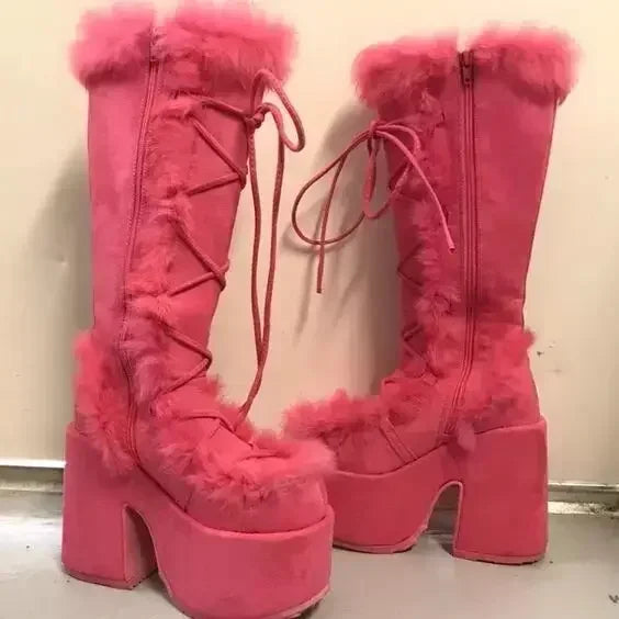 Snow Boots Platform Wedge High Heel Faux Fur Lady Shoes Plush Warm Non-slip Mid Calf Boots Goth Shoes