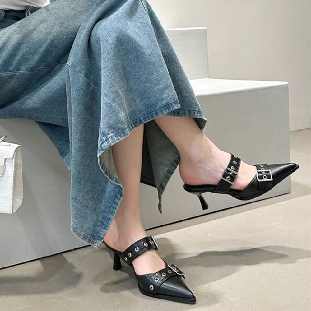 Pumps Belt Buckle Pointed Toe Black High Heel Mule Slides Half Slipper