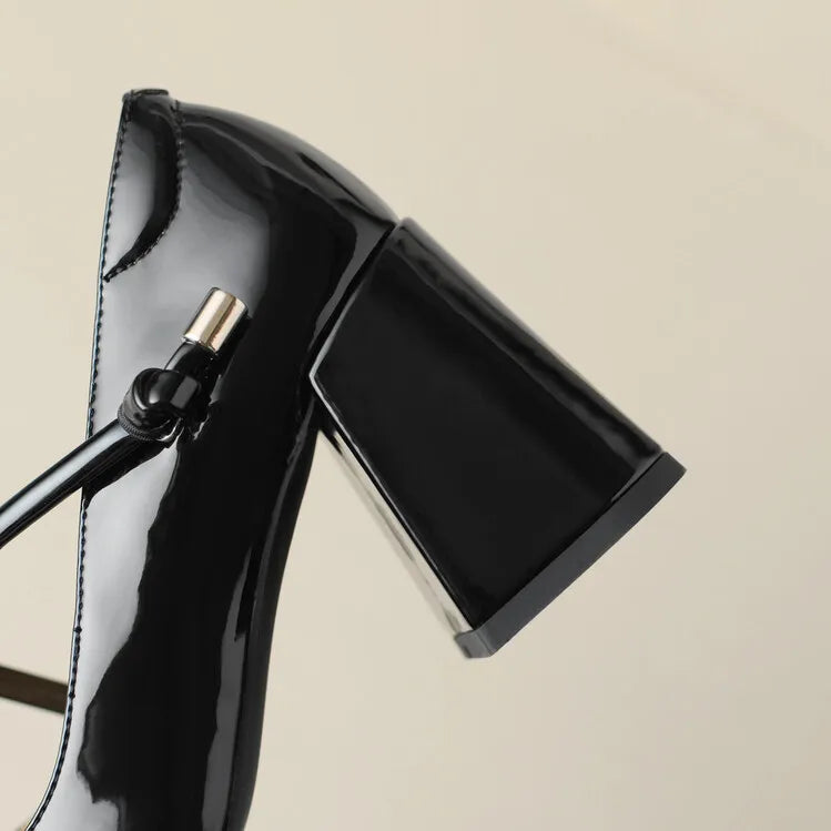 Mary Janes Shoes Vintage Pumps Patent Leather Shoes High Heels Black Shallow Boat Shoe Zapatos Mujer