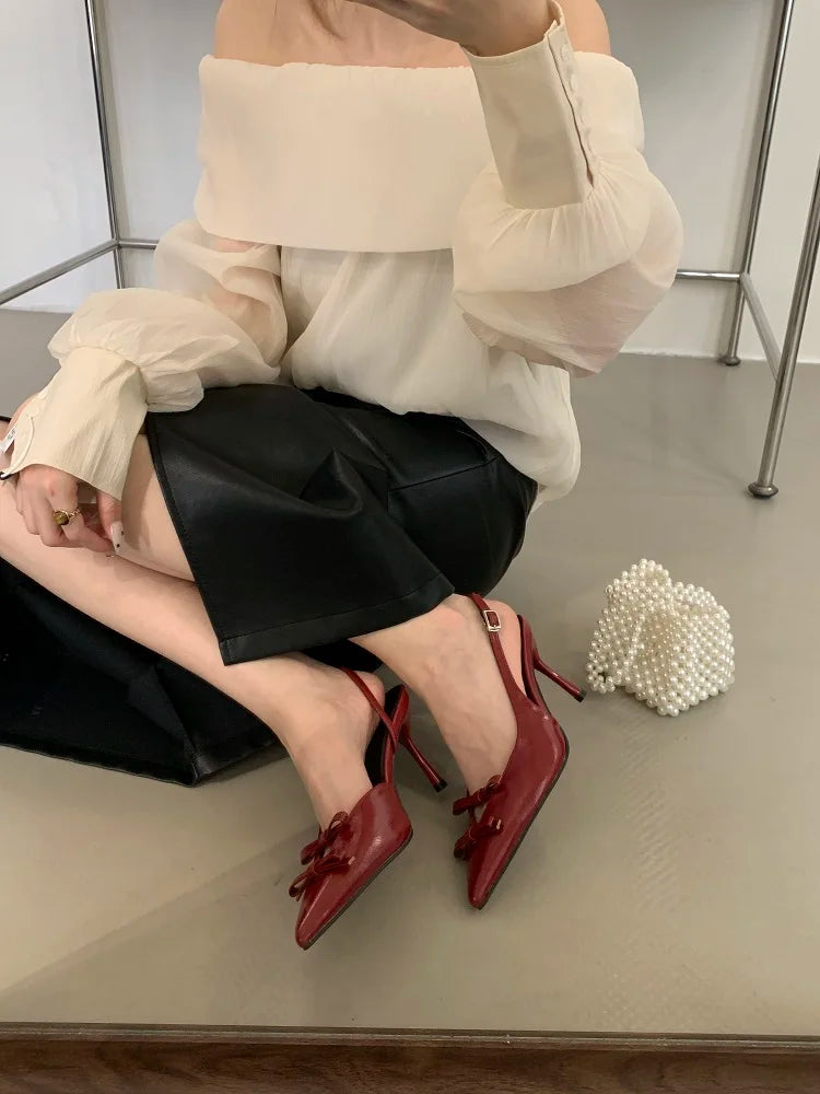 Butterfly-knot Buckle Strap Pointed Toe Thin High Heels Party Wedding Shoes