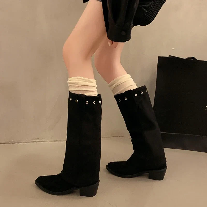 Vintage Thick Heel Western Cowboy Boots Button Combination Splicing Shoes Pipe Long Booties