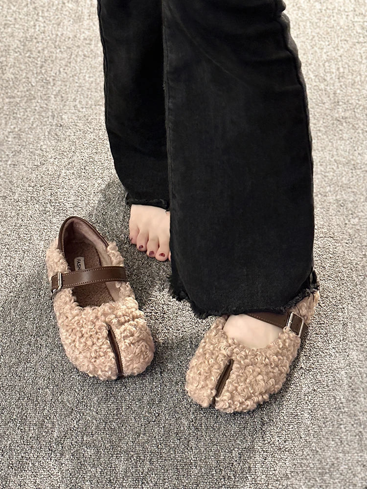 Shoes Woman Flats Loafers Fur Round Toe Casual Sneakers Dress Moccasin Fall Leisure Buckle Strap Flock Rubb