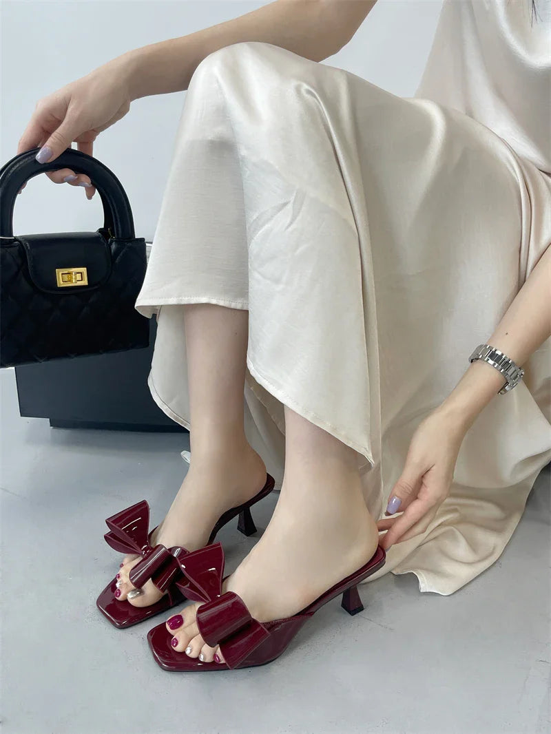 Patent Leather Butterfly Knot Slippers Square Toe Low Thin Heels Mules Slides Shoes Size 39