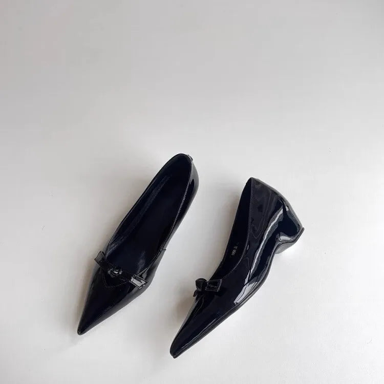 Lamb Skin Mary Janes Pointed Toe Low Heel Slip-On Shoes French Elegance Butterfly Knot