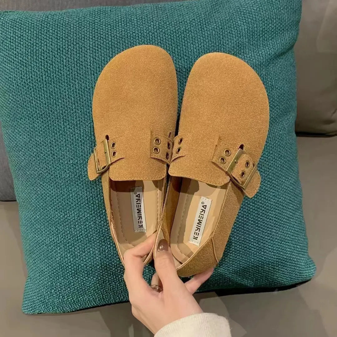 Faux Suede Leather Loafers Rivet Belt Flats Mocasines Garden Shoes Clogs Barefoot Tabis Comfy Slip On Walking Shoes