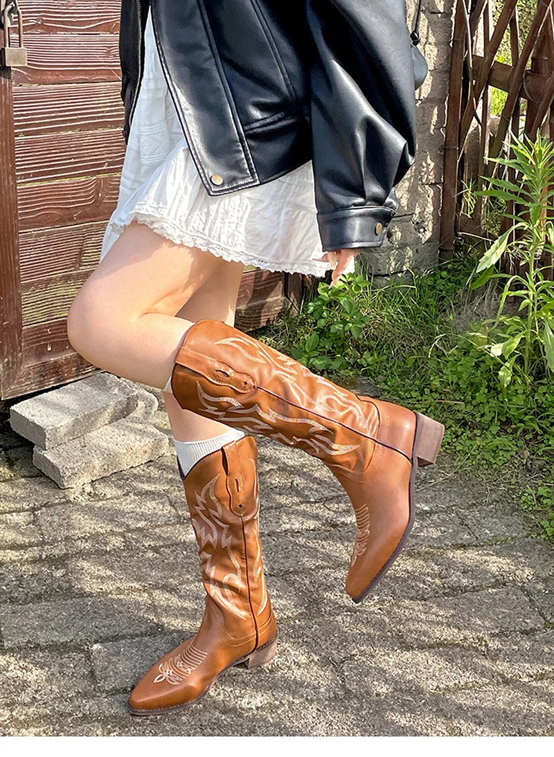 Vintage Western Cowboy Boots Slip On Thick Heel Shoes Embroidery Knight Botas