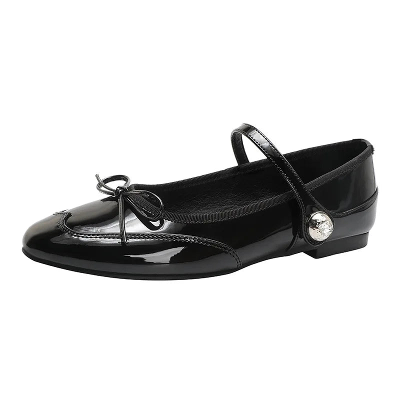 Hook&Loop Flats Mary Janes Round Toe Bowtie Ballets Shoes Red Japanned Leather Loafers Daily Office Mocassines