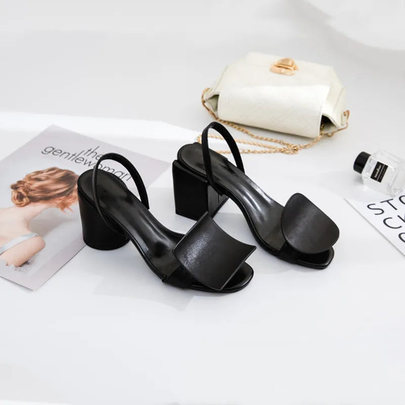 Asymmetrical Geometric Decor Comfortable Thick High heels White Leather Slingbacks