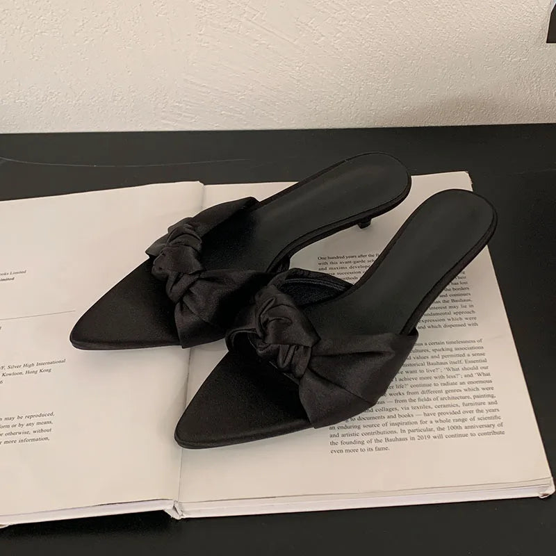 Butterfly-Knot Heeled Slippers Shoes Pointed Toe Low Heel Slippers Pumps