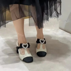 T Straps Mary Janes Shoes Bow with Heart Shape Rhinestone Decor Sweet Girl Pumps Block High Heels Dress Sandals