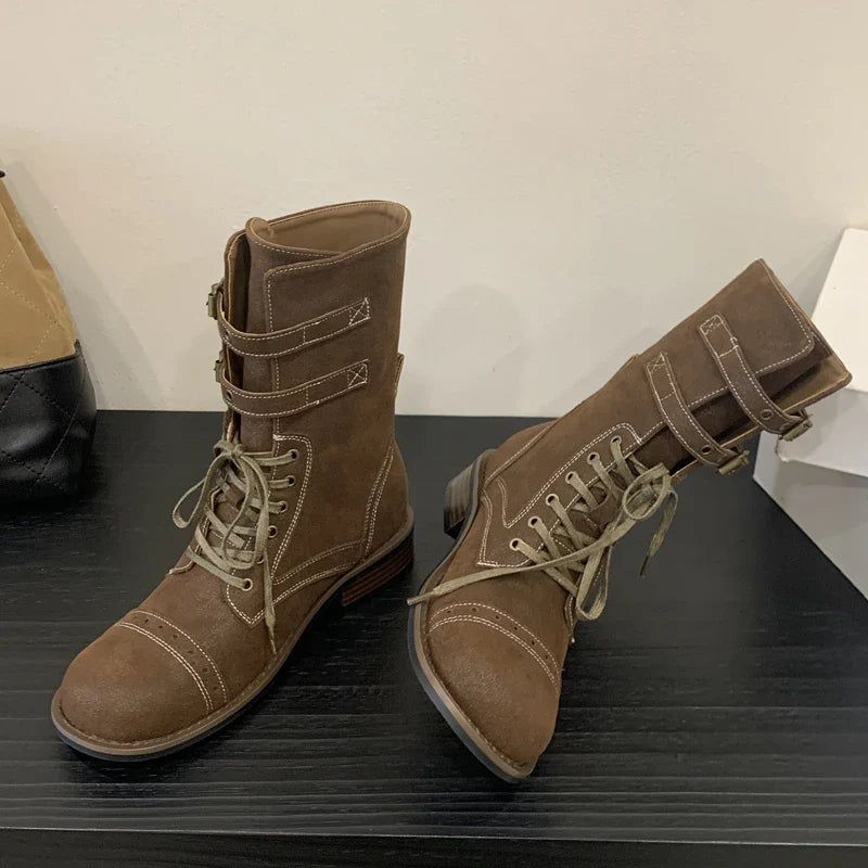 Design Narrow Band Lace-up Knee-High Boots Vintage Round Toe Square Low Heels Shoes