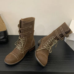 Design Narrow Band Lace-up Knee-High Boots Vintage Round Toe Square Low Heels Shoes