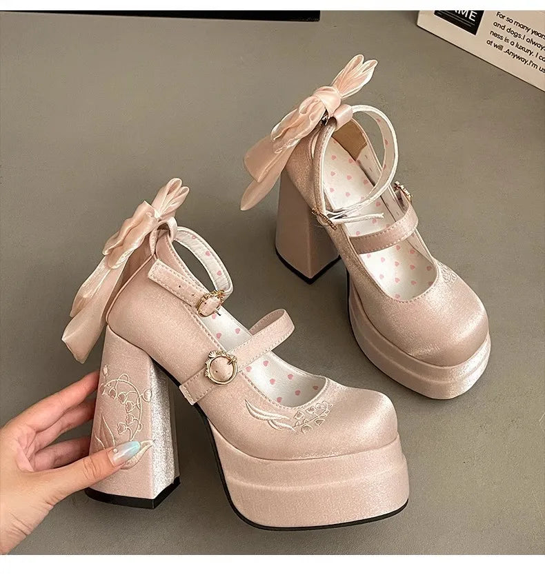 Pink Lolita High Heels Pumps Cute Bow Round Ankle Straps Chunky Platform Mary Jane Shoes Embroidered Heels