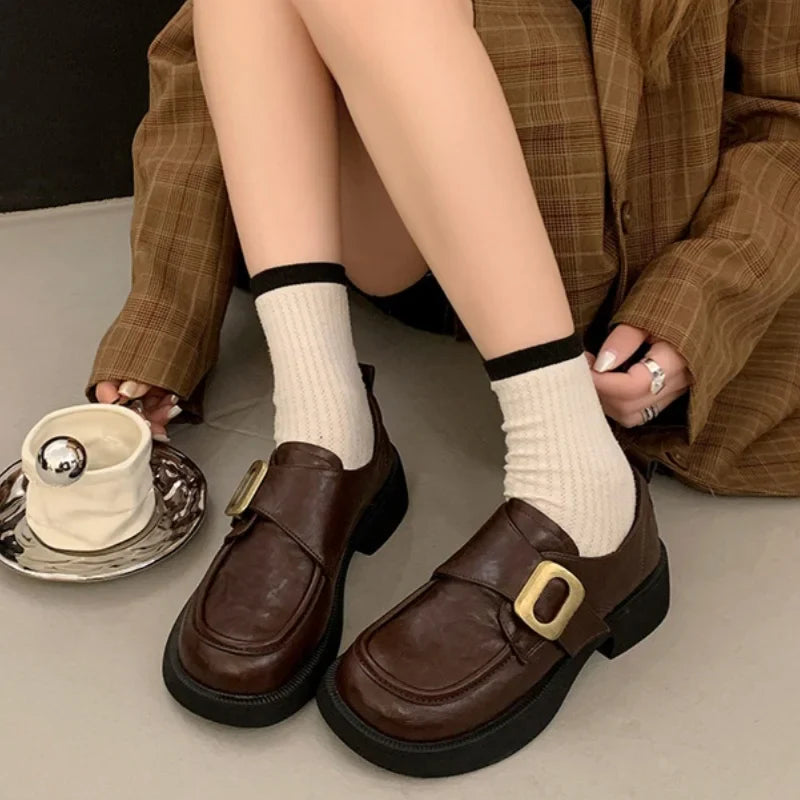 British Style Metal Buckle Low Heels Shoes Daily Dress Up Flat Shoes Outside Casual Comfortable Shoes