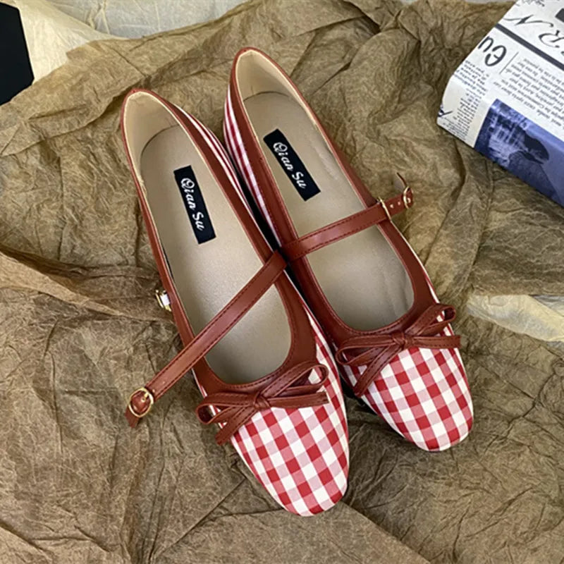 High Quality Checkered Design Mary Jane Shoes Inner Height Increase Flat Ballet Shoes Comfortable Soft Bottom