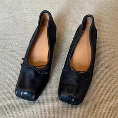 Square Toe wrinkled Mary Jane Shoes Soft Leather Round Heel Ballerina Shoes