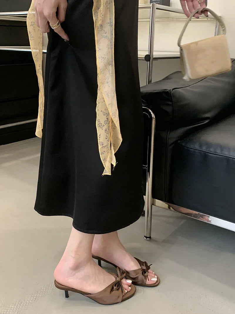 Silk Butterfly Knot Sandals Shallow Open Toe Thin Low Heels Mules Slides Shoes Zapatos Mujer
