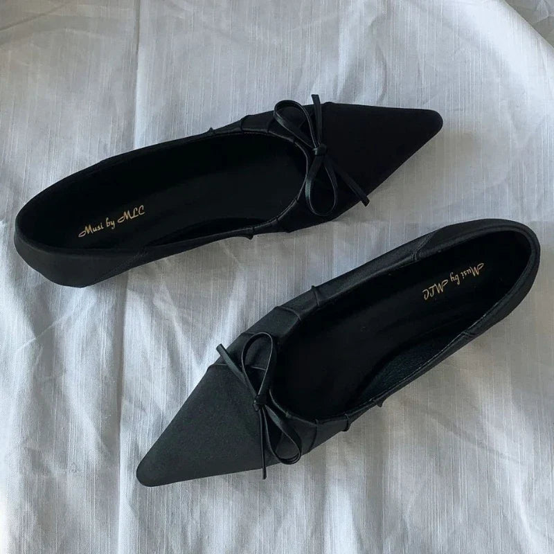 Elegant Satin Pleated Bow Flat Shoes Pointed Toe Casual Brand Design Party Comfortable Shallow