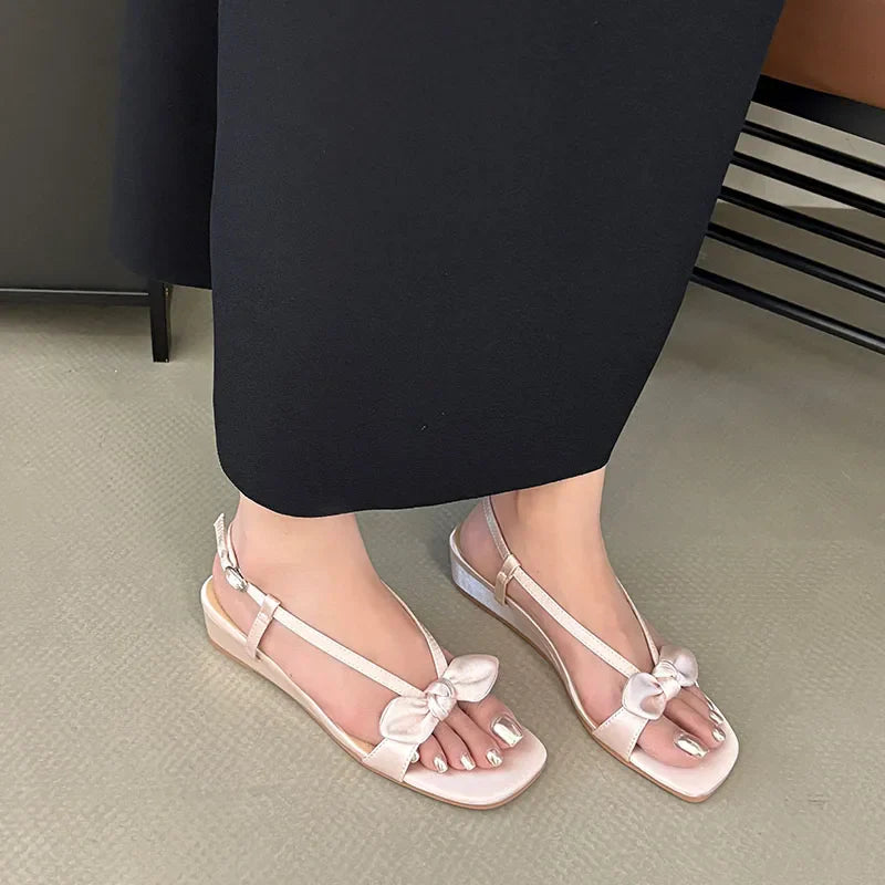 Elegant Low Heel Sandals Wedges Shoes Buckle Footwear Butterfly-Knot Heeled Sandals