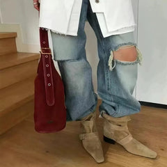 Genuine Leather Butterfly Knot Wrapped Strap Short Ankle Boots Polished Color Distressed Flat Bottomed Bare Shoes