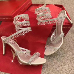 Stiletto Rhinestone Snake-Shaped Winding Crystal Pendant Sandals Fairy Style High-Heeled Roman Shoes