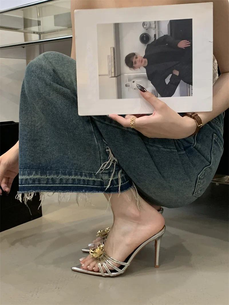 Pointed Toe White High Heels Party Slippers Metal Flowers Sandal Banquet Shoes Mules Slides