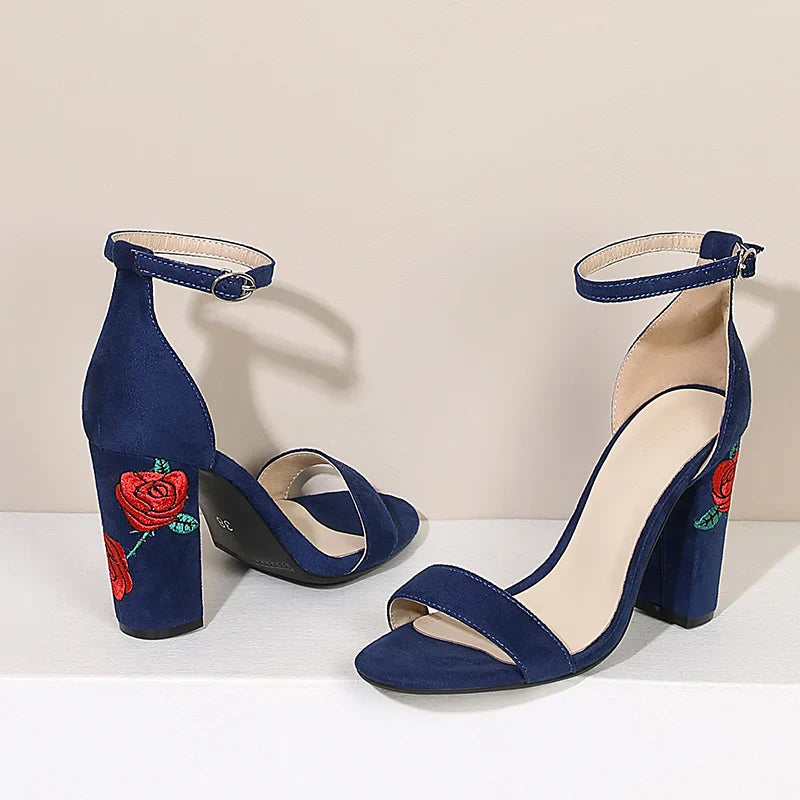 Ethnic Style Embroidered High-heel Sandals Ankle Strap Elegant Retro Open Toe Wedding Shoes 34-45