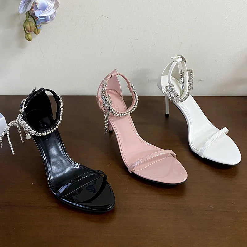 Rhinestones Heels Sandals Shoes Round Toe Ankle Strap Footwear Party High Heels