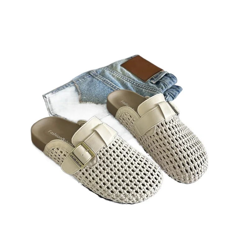 Mesh Platform High Heels Weave Slippers Hollow Sandals Mules Woman Fad Beach Loafers Slides Dress