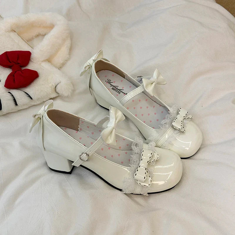 Lolita Style Cute Round Head Jane Pumps with Bow Sweet Party Dress Midi Heels Shoes PU Sandals
