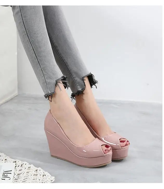 31-43 Wedge Open Toe Shoes High Heel Platform Shoes Patent Leather