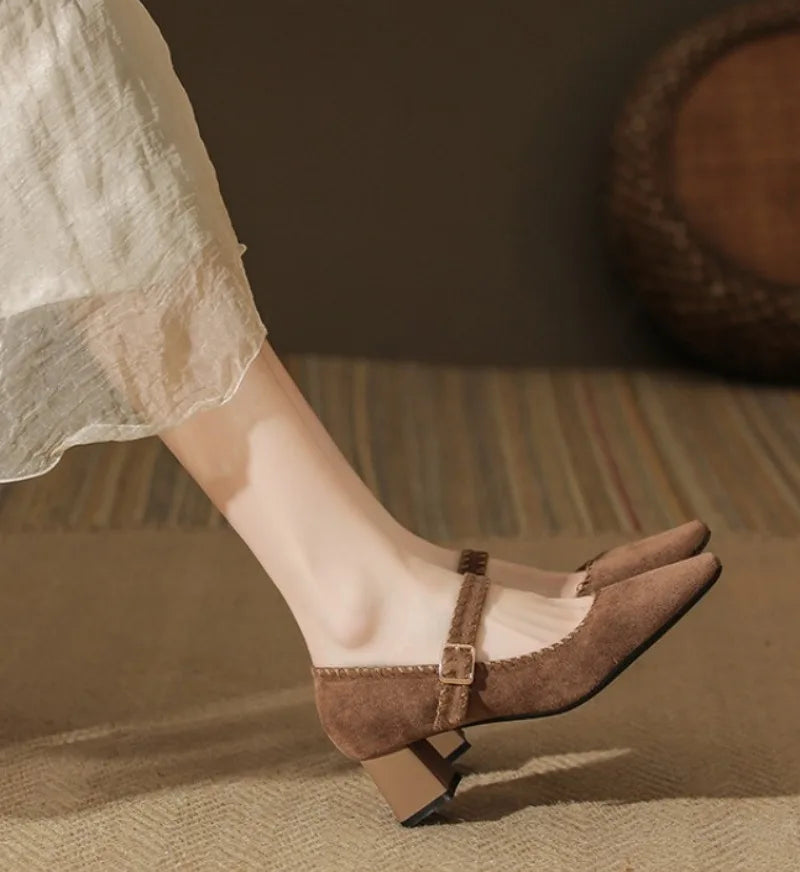 High Heeled One-word Buckle with Light Mouth Pumpss Thick Heel Small Square Head Mary Jane Shoes