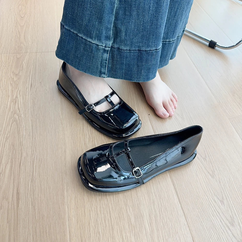Patent Leather Ballet Flats Shoes All-Match Oxfords Square Toe Fall Mary Janes Square Toe Shoes Au
