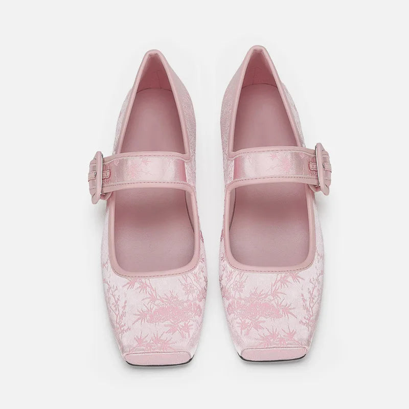 Silk Embroidery Ballerinas Woman Pig Toe Flats Shoes Belt Buckle Silky Mary Janes Wedding Brides Ballets Loafers