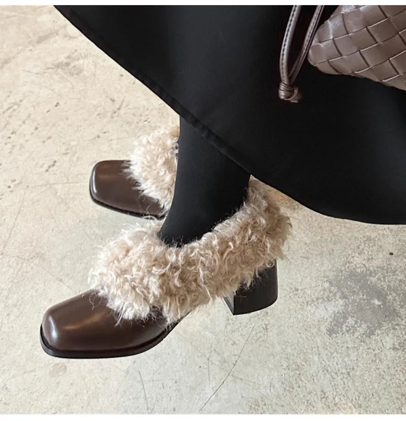 Ins style Square toe Patent Leather Wool Warm High heels Loafers Casual Girls Chunky Shoes
