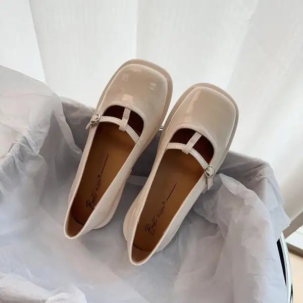 Patent Leather Ballet Flats Shoes All-Match Oxfords Square Toe Fall Mary Janes Square Toe Shoes Au