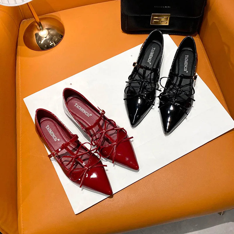 T-strap flats double bowtie ankle strap party shoes woman pointed toe cutout mary janes japanned leather loafers