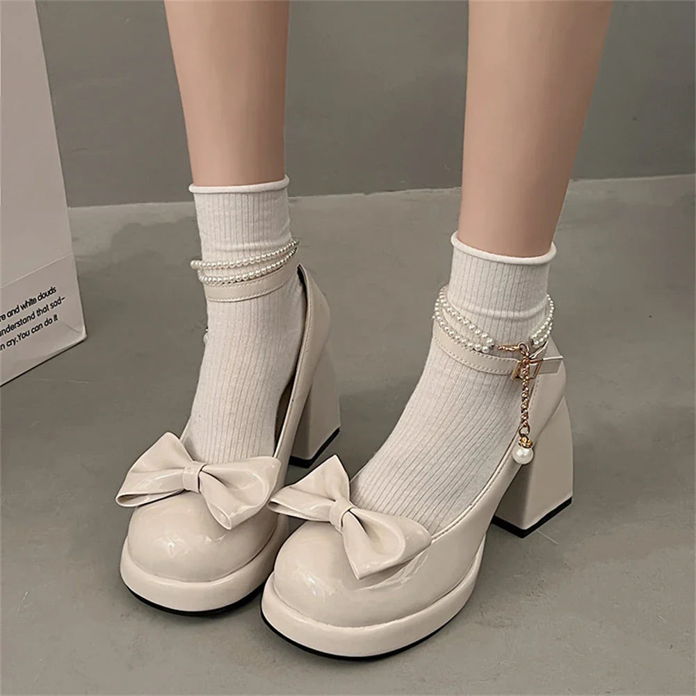 Lolita Bow Bow Decor Pumps Platform Chunky High Heels Ankle Strap Sweet Cute Elegant Pumps