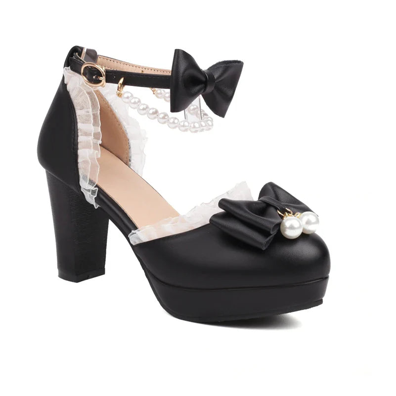 Ankle Strap Two-Piece Lolita Pump Round Toe Platform Kawaii Thick High Heel Bow Buckle Bead Cosplay Shoes Autumn
