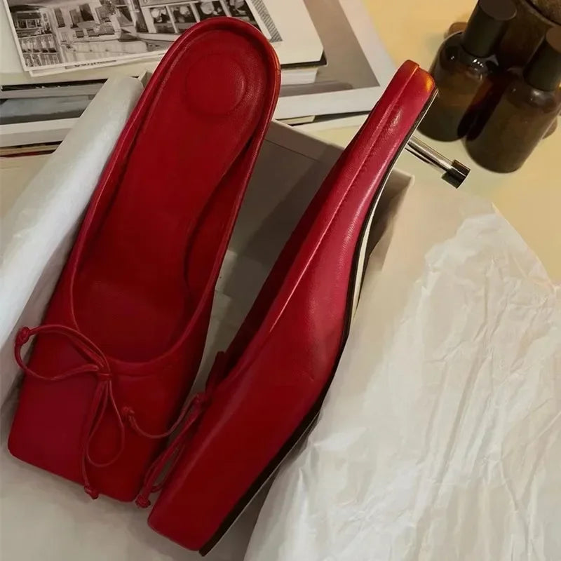 Mule Pumps Slippers Bow Square Toe Party Red Elegant High Heels Sandals