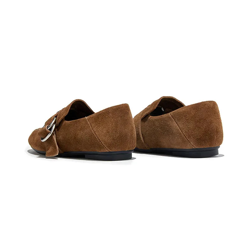 Genuine Leather Flats Metal Buckle-Decorated Suede Loafers Light Comfortable Cow Suede Shoes