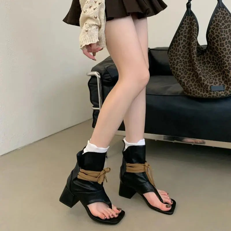 Woman Chunky Heels Boots Thong High-toe Shoes Lace Up High Heels Sandals Trends