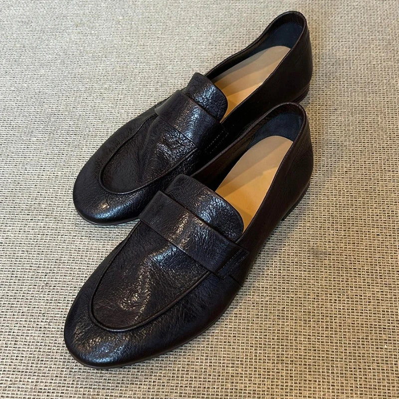 Retro Black Soft Leather Brand Flat Pumps Comfort Concise Loafers Outdoor Commuter Office Shoes Zapatos De Mujer
