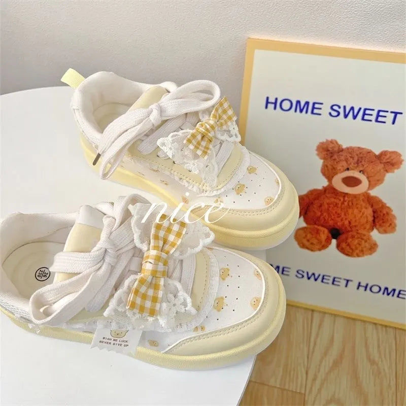 Students Sneakers Cute Causal Shoes School Patchwork Non-slip Sports Shoes with Bowknot