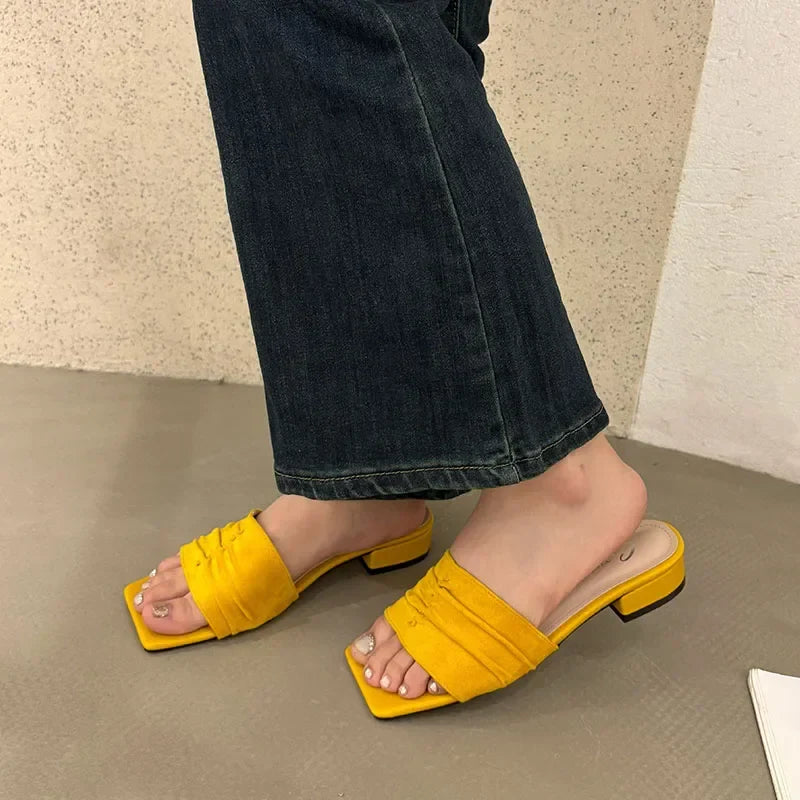 Square Toe Slippers Low Heel Casual Slides Comfort Non-slip Sandals Flats Beach Shoes