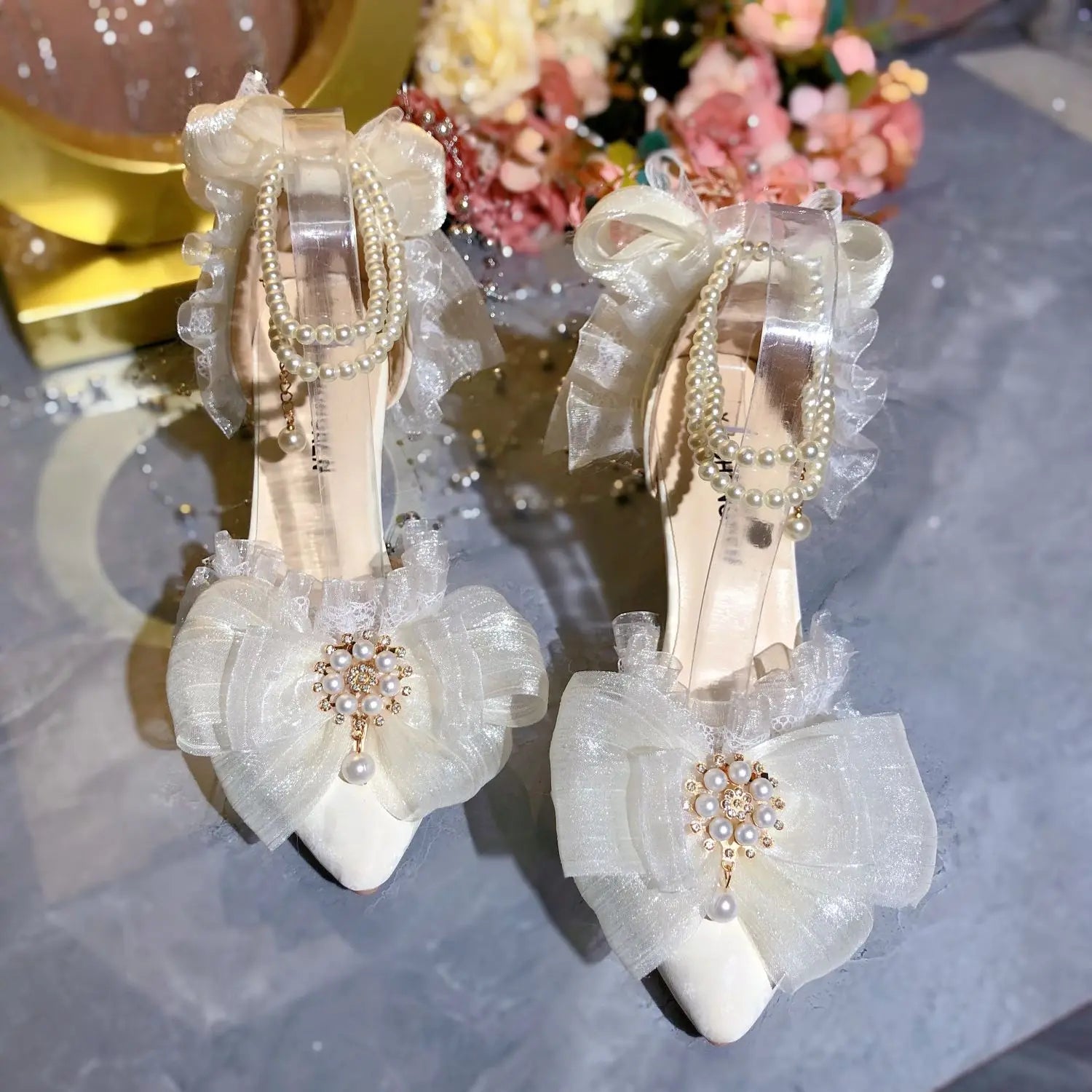 Elegants White Lolita Mary Jane Shoes Woman Pearl Lolita Sandals Sling Back Heels