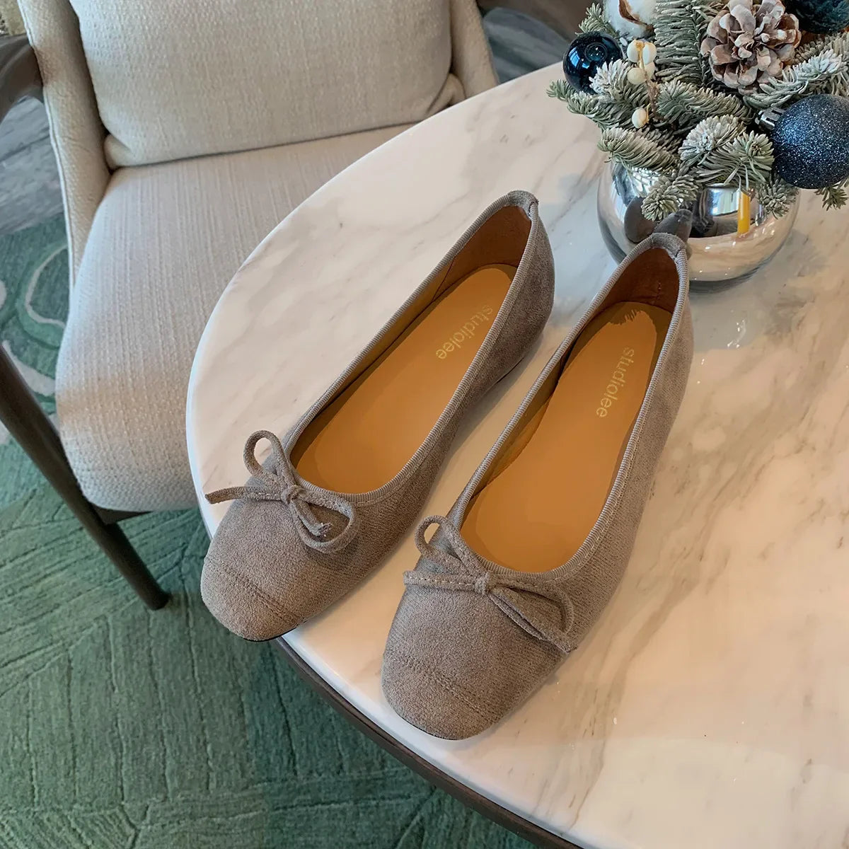 Suede Bow Ballet Style Flat Shoes Square Toe Shallow Mouth Loafers Shoes Outdoor Comfortable Shoes