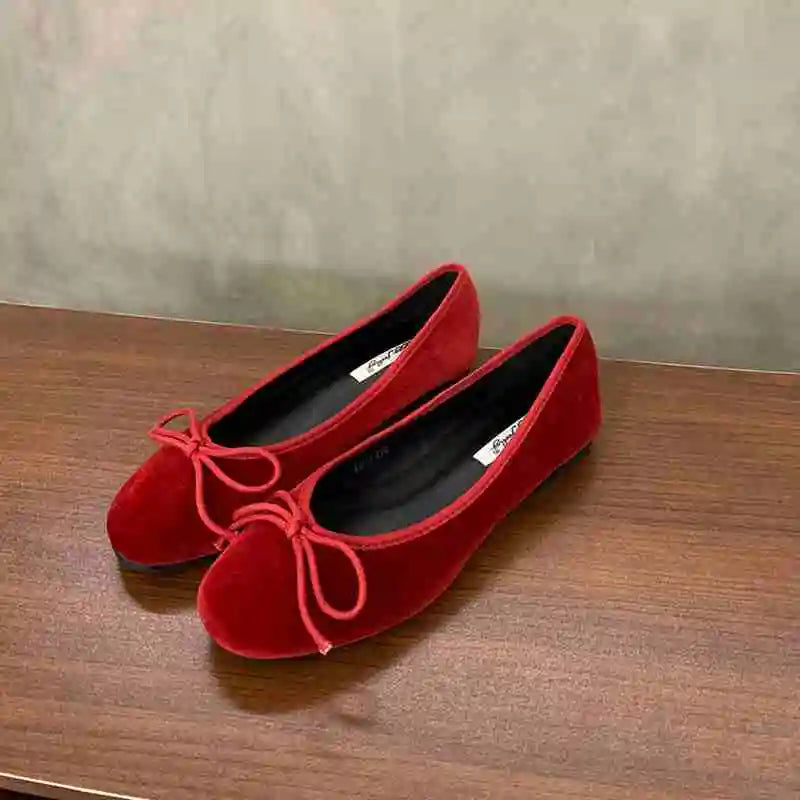 Red Flat Shoes Shallow Slip On Elegant Ballerinas Shoes Soft Flat Heel Outdoor Casual Mary Jane